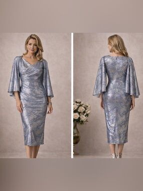 Talbot Runhof Metallic Silver Cape Sleeve Midi Cocktail Dress Size 4